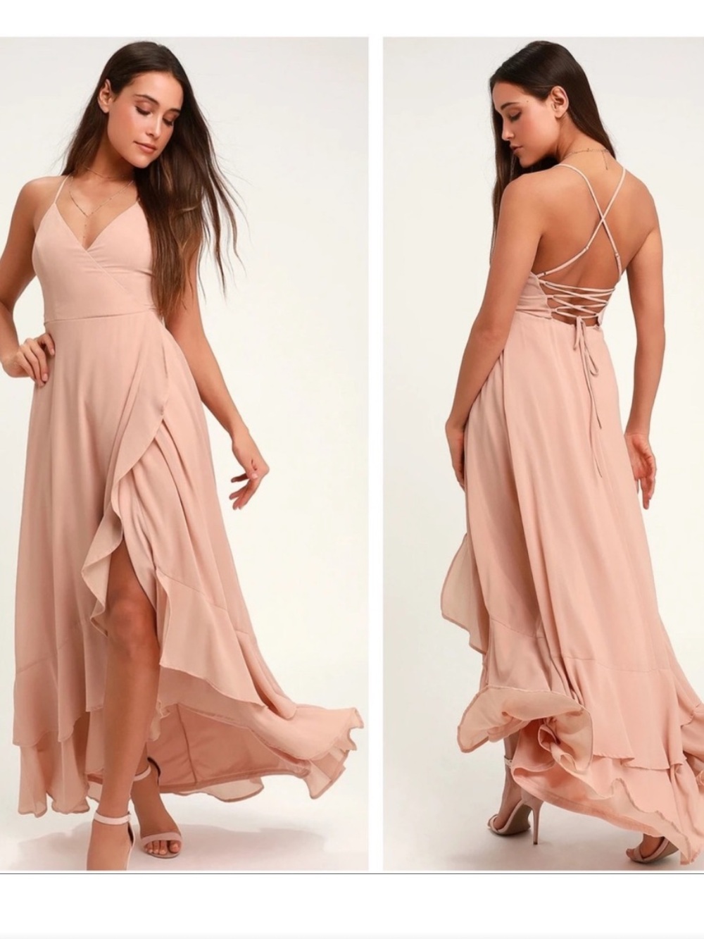 Lulus In Love Forever Nude Pink Ruffle Lace Up Maxi XS NWT wedding guest dress